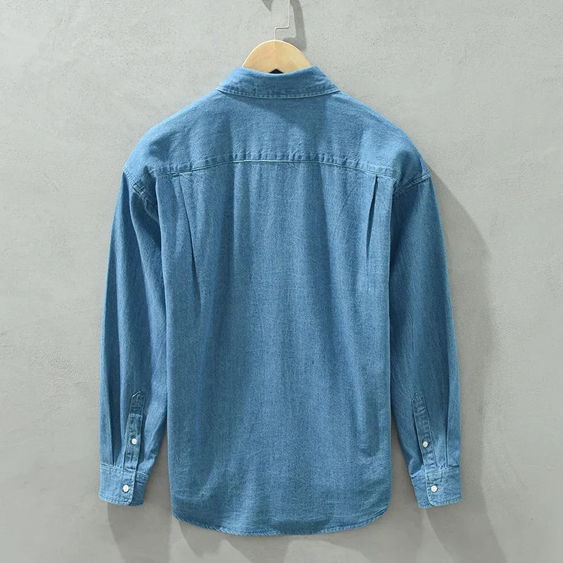 Men's Autumn Long Sleeve Patchwork Shirt - Cotton Turn-down Collar Blue Shirt