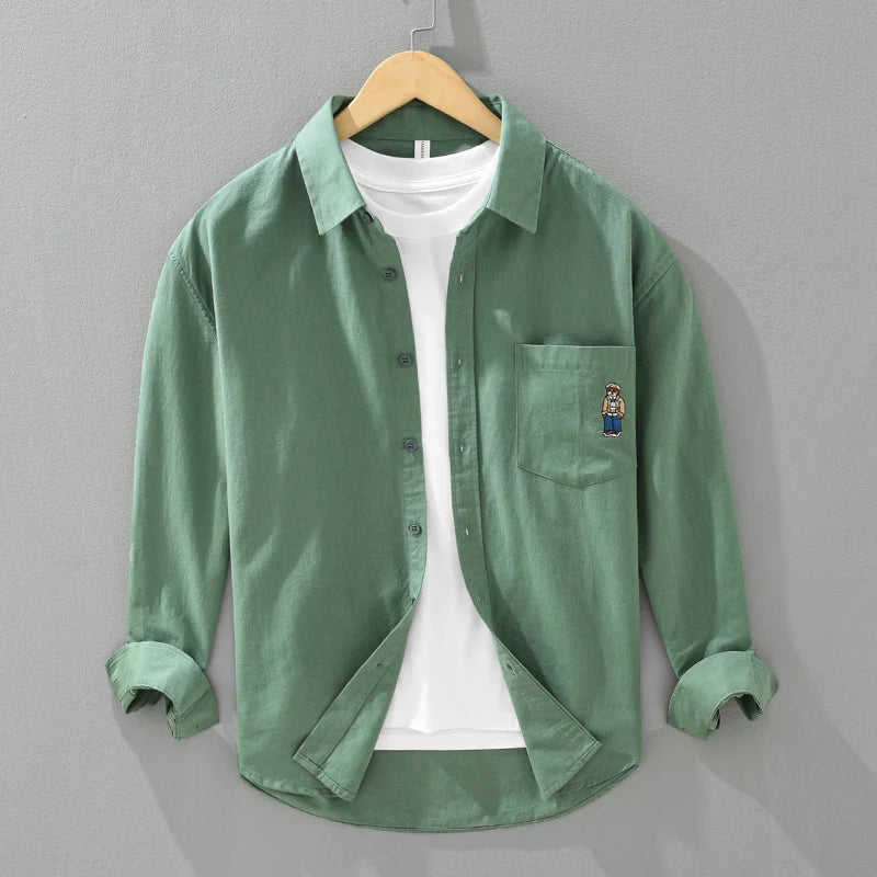 Men's Bear Embroidery Long Sleeve Shirt - Cotton Turn-down Collar Loose Fit