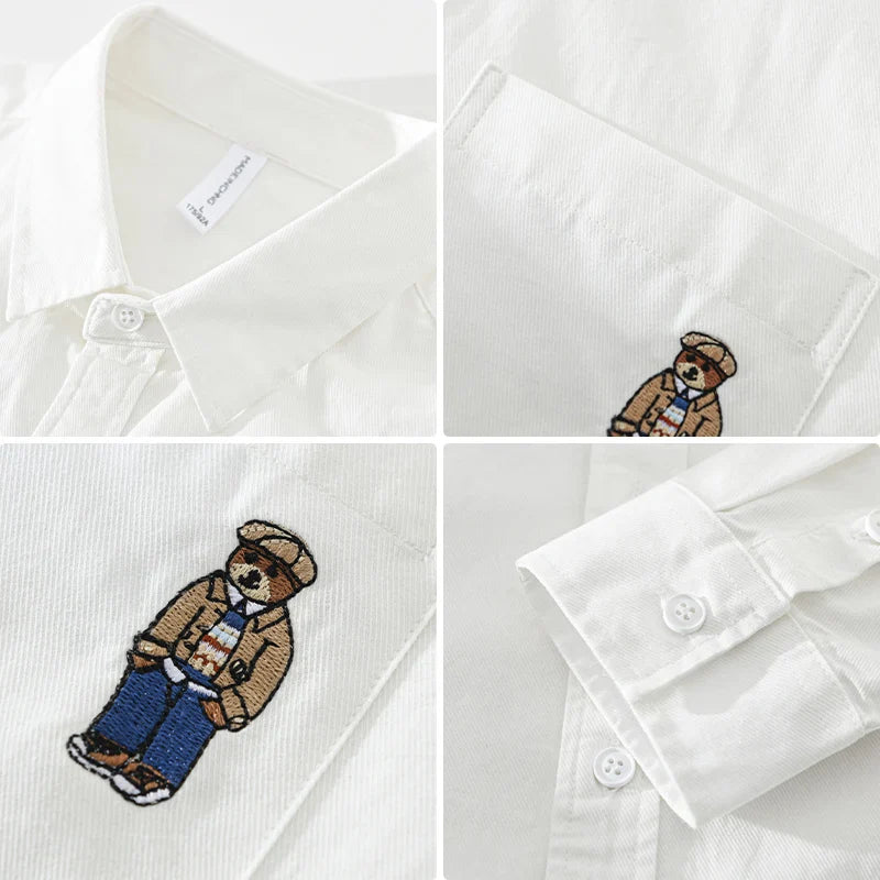 Men's Bear Embroidery Long Sleeve Shirt - Cotton Turn-down Collar Loose Fit