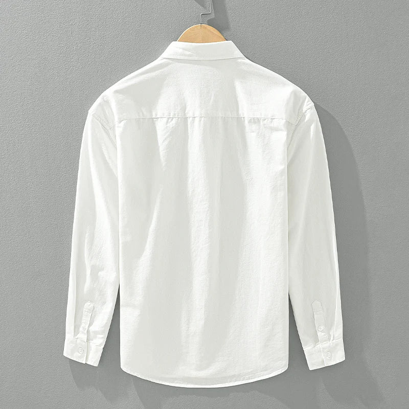 Men's Bear Embroidery Long Sleeve Shirt - Cotton Turn-down Collar Loose Fit