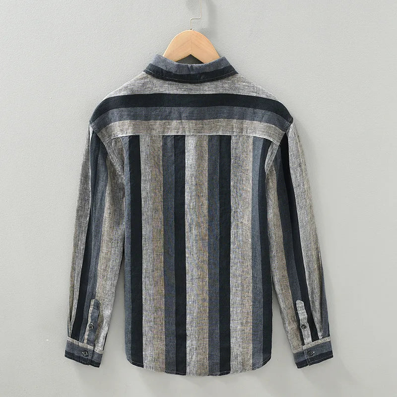 Men's 100% Linen Striped Long Sleeve Shirt - Turn-down Collar Spring Dress Shirt