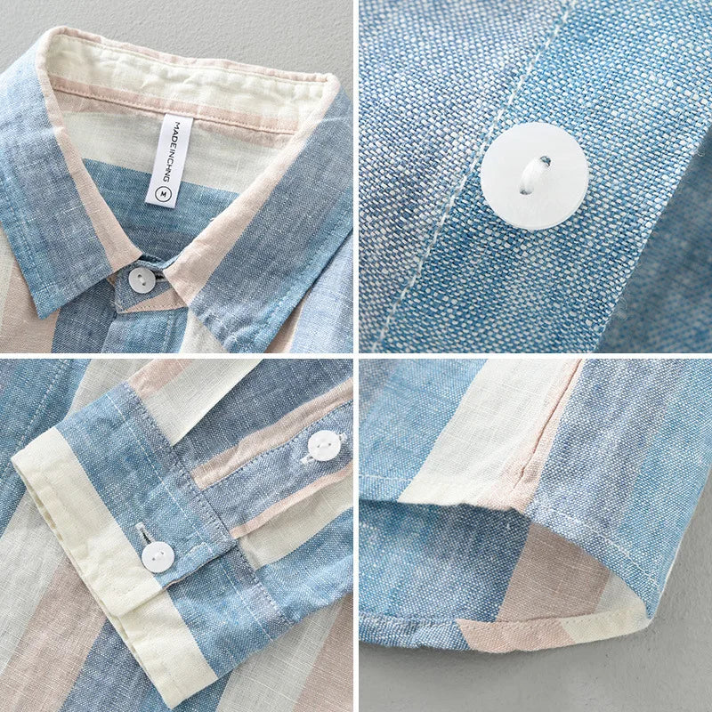 Men's 100% Linen Striped Long Sleeve Shirt - Turn-down Collar Spring Dress Shirt