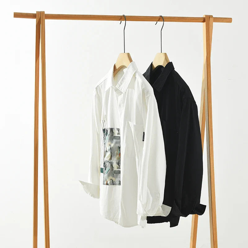 Men's Casual Patchwork Long Sleeve Shirt - Cotton Turn-down Collar Vintage Shirt