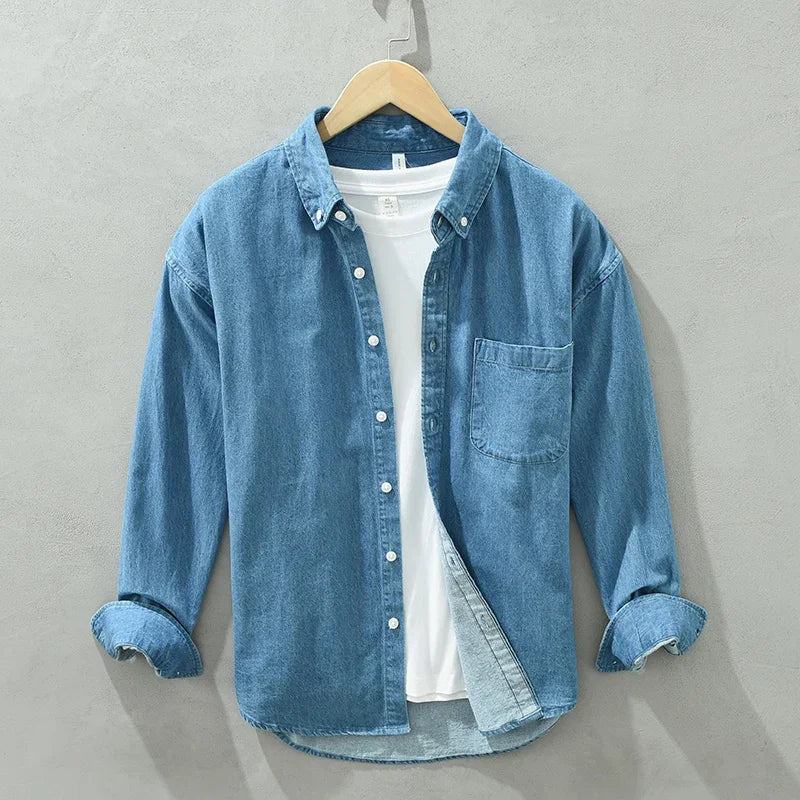 Men's Autumn Long Sleeve Patchwork Shirt - Cotton Turn-down Collar Blue Shirt