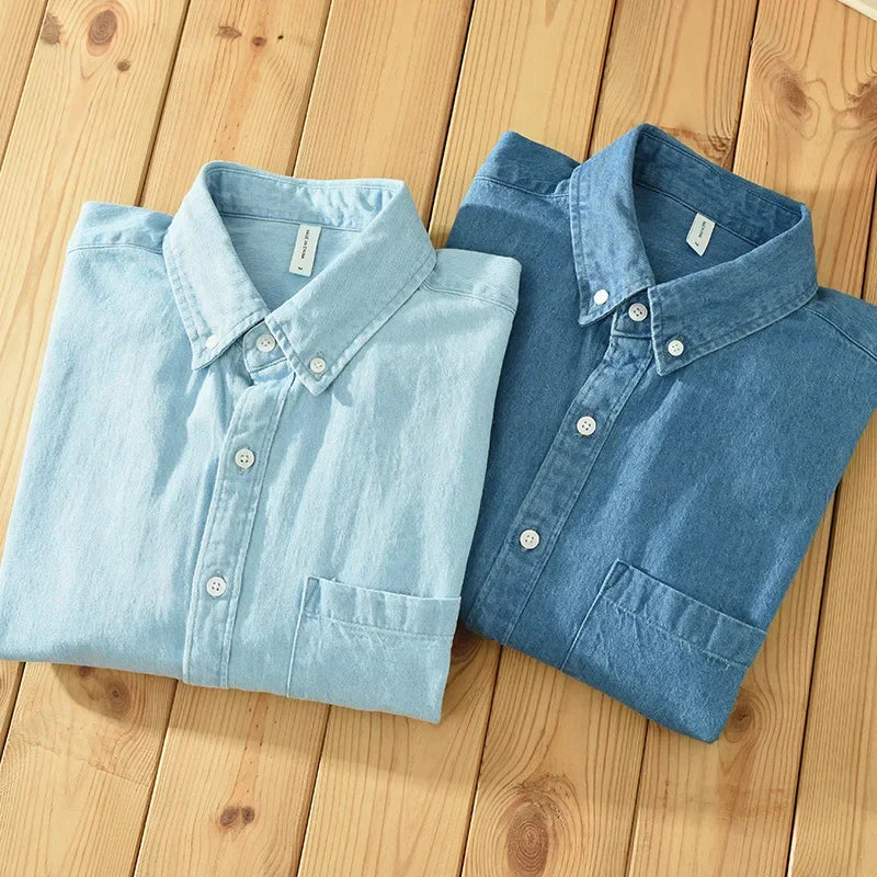 Men's Autumn Long Sleeve Patchwork Shirt - Cotton Turn-down Collar Blue Shirt