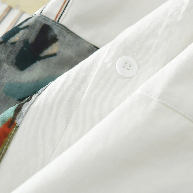 Men's Casual Patchwork Long Sleeve Shirt - Cotton Turn-down Collar Vintage Shirt