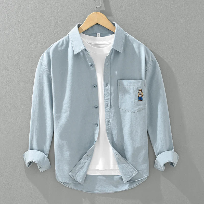 Men's Bear Embroidery Long Sleeve Shirt - Cotton Turn-down Collar Loose Fit