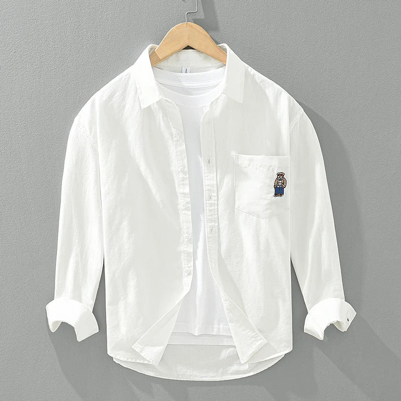 Men's Bear Embroidery Long Sleeve Shirt - Cotton Turn-down Collar Loose Fit