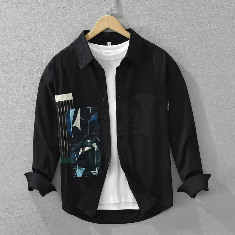 Men's Casual Patchwork Long Sleeve Shirt - Cotton Turn-down Collar Vintage Shirt