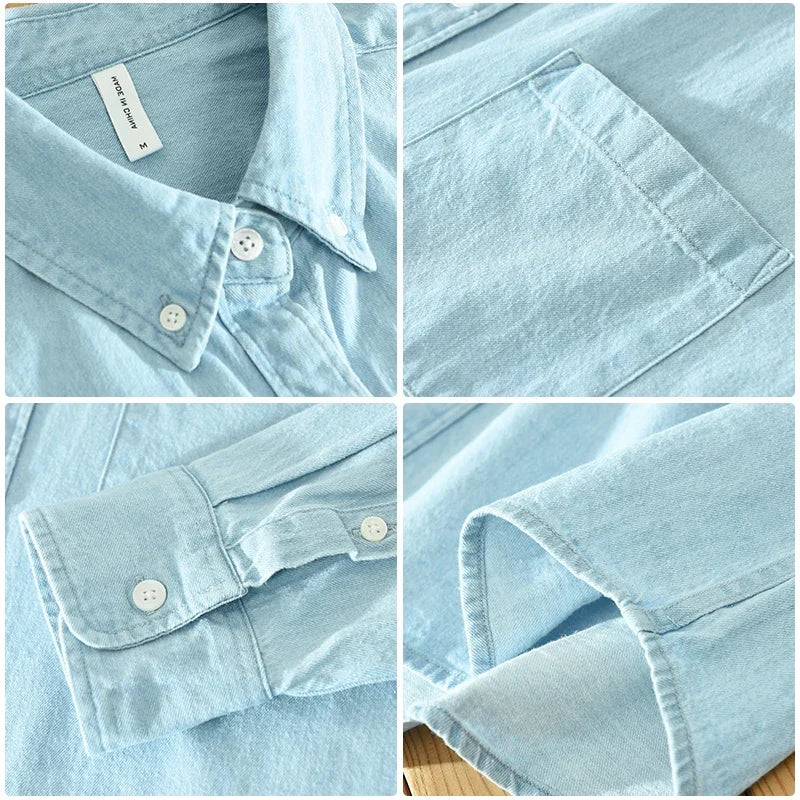 Men's Autumn Long Sleeve Patchwork Shirt - Cotton Turn-down Collar Blue Shirt