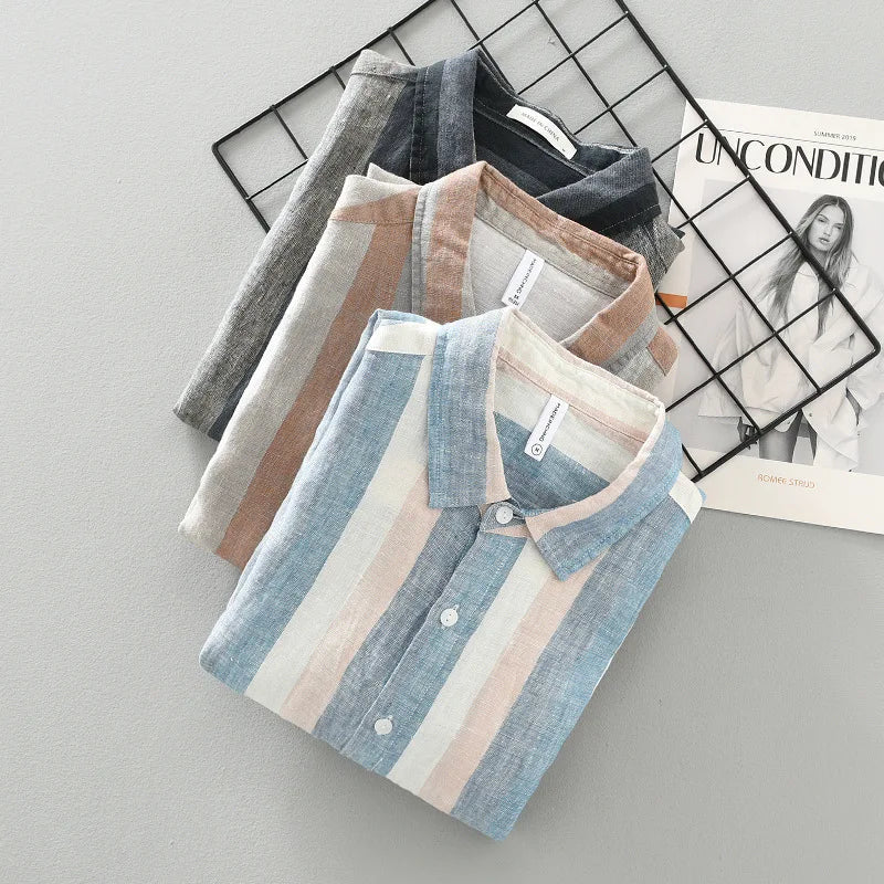 Men's 100% Linen Striped Long Sleeve Shirt - Turn-down Collar Spring Dress Shirt