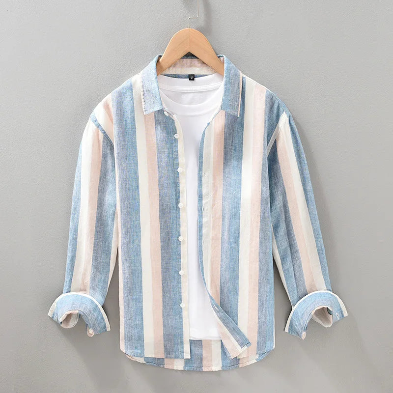 Men's 100% Linen Striped Long Sleeve Shirt - Turn-down Collar Spring Dress Shirt
