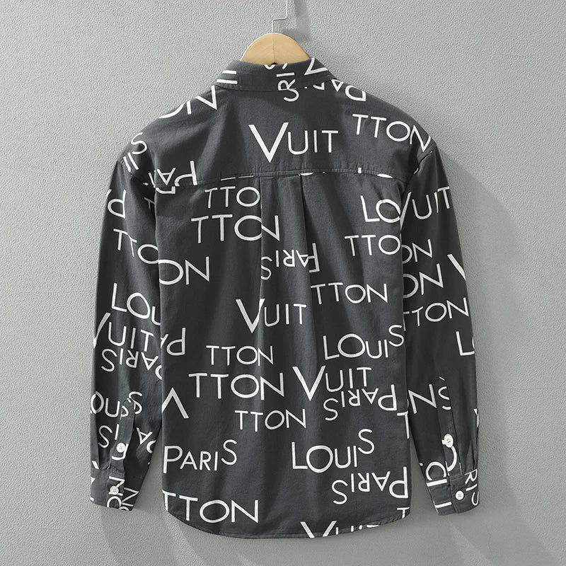Men's Fashion Letter Print Long Sleeve Shirt - Loose Cotton Casual Shirt
