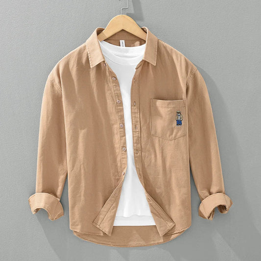 Men's Bear Embroidery Long Sleeve Shirt - Cotton Turn-down Collar Loose Fit