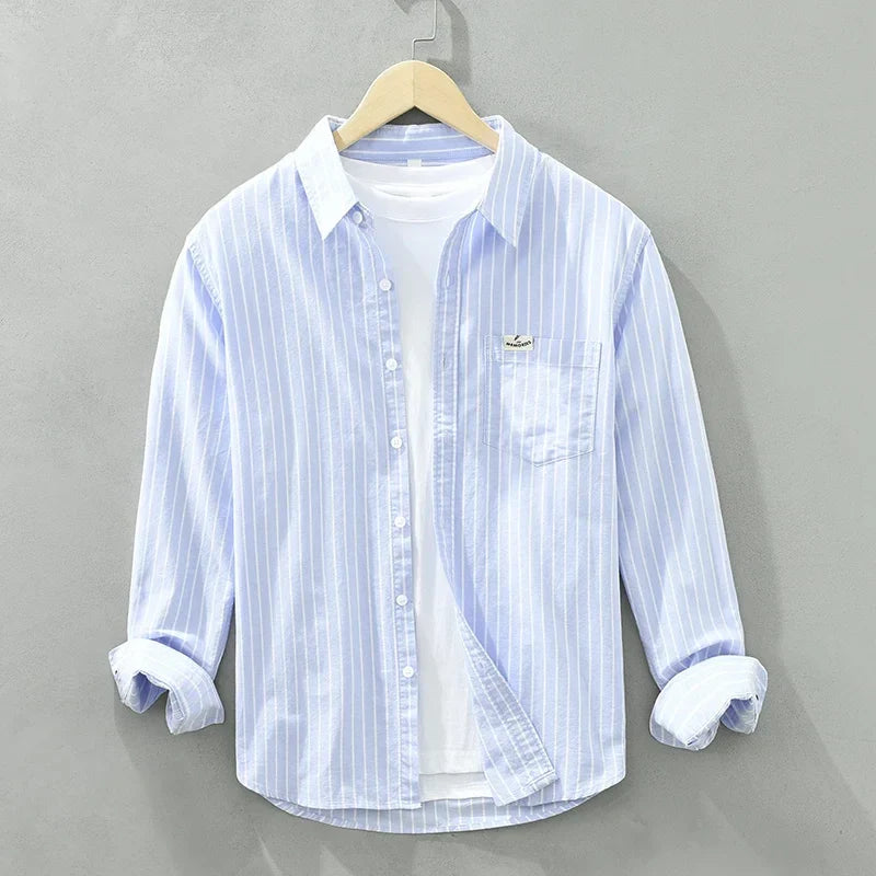 Men's Green Striped Cotton Long Sleeve Shirt - Loose Fit Oxford Shirt