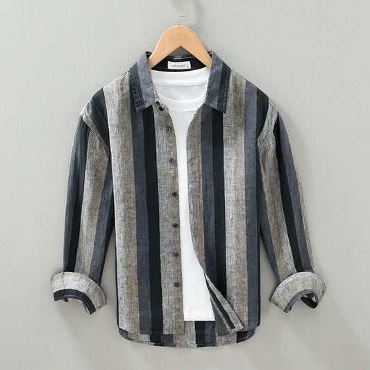 Men's 100% Linen Striped Long Sleeve Shirt - Turn-down Collar Spring Dress Shirt
