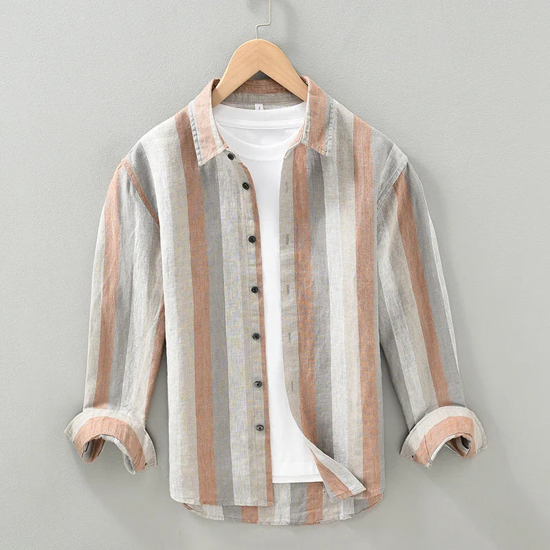 Men's 100% Linen Striped Long Sleeve Shirt - Turn-down Collar Spring Dress Shirt