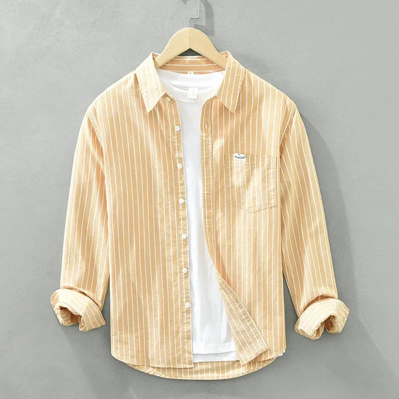 Men's Green Striped Cotton Long Sleeve Shirt - Loose Fit Oxford Shirt