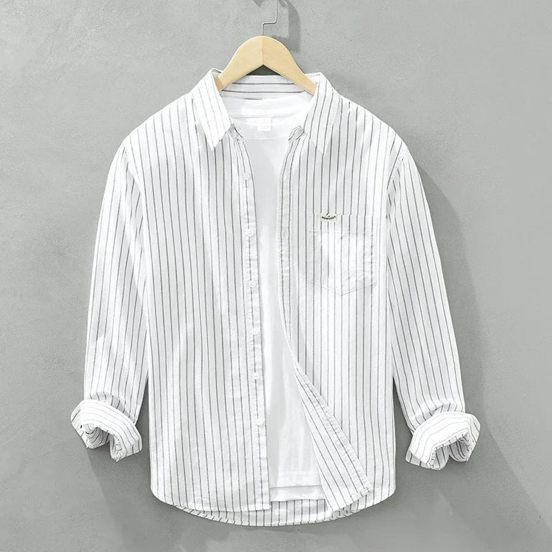 Men's Green Striped Cotton Long Sleeve Shirt - Loose Fit Oxford Shirt