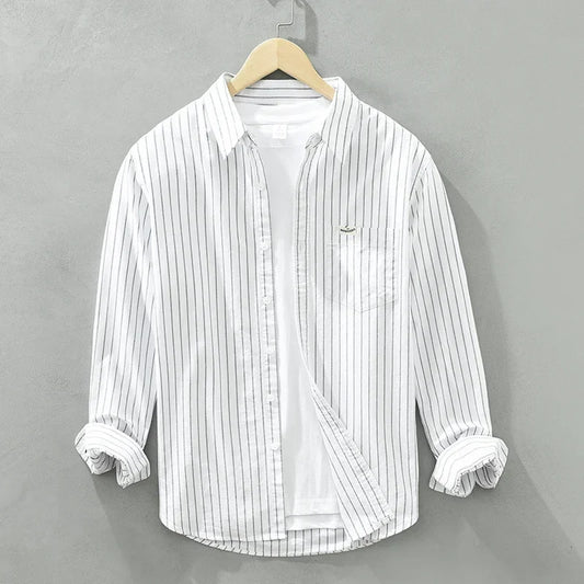 Men's Green Striped Cotton Long Sleeve Shirt - Loose Fit Oxford Shirt