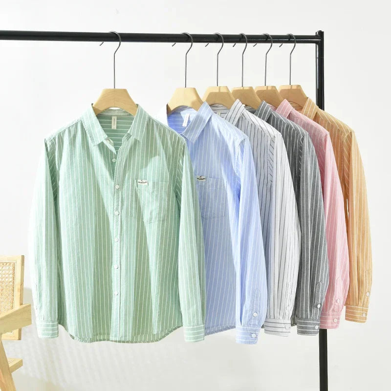Men's Green Striped Cotton Long Sleeve Shirt - Loose Fit Oxford Shirt