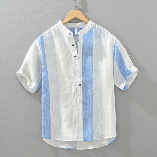 Men's 100% Linen Pullover Short Sleeve Shirt - Striped Casual Loose Fit