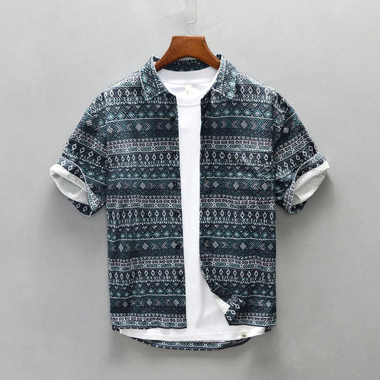 Men's Casual Digital Print Short Sleeve Shirt - Loose Plus Size Button-up