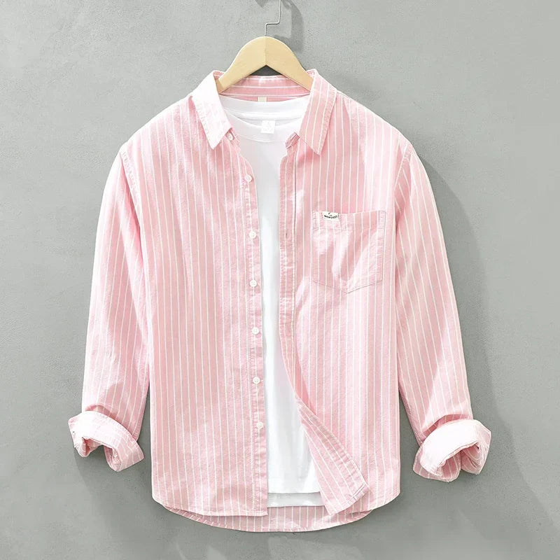 Men's Green Striped Cotton Long Sleeve Shirt - Loose Fit Oxford Shirt