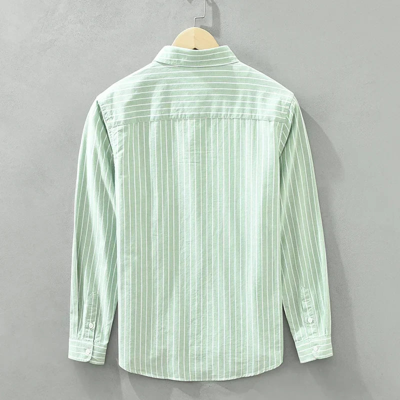 Men's Green Striped Cotton Long Sleeve Shirt - Loose Fit Oxford Shirt