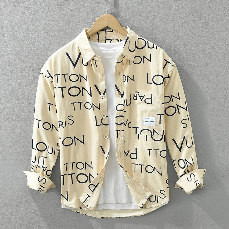 Men's Fashion Letter Print Long Sleeve Shirt - Loose Cotton Casual Shirt