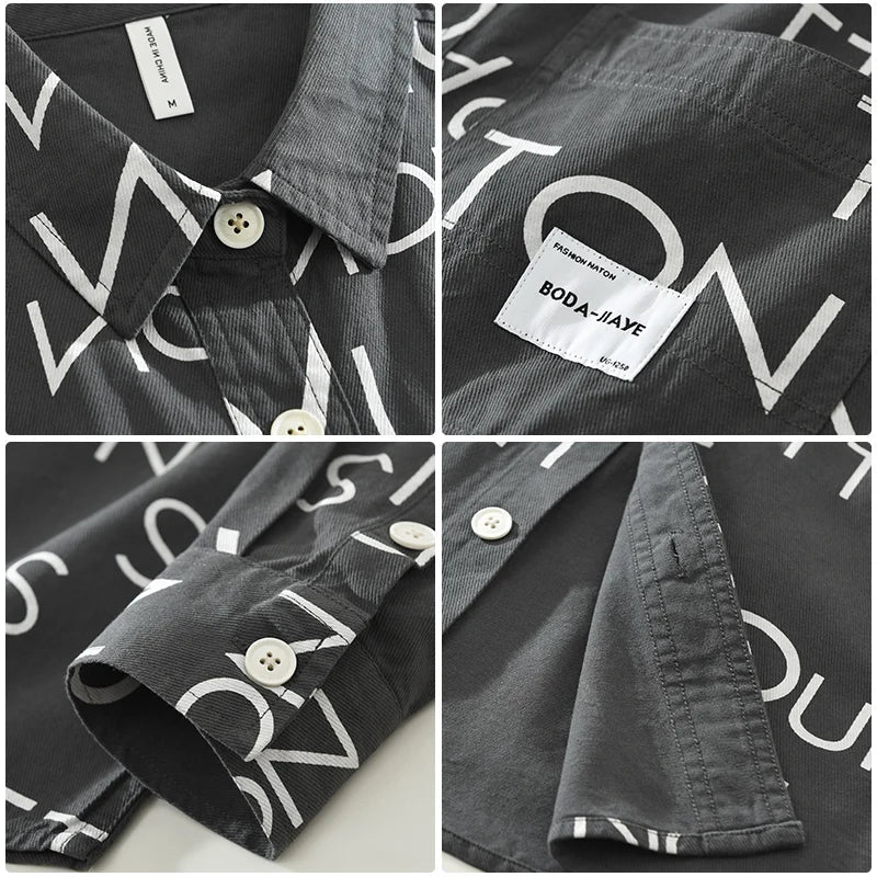 Men's Fashion Letter Print Long Sleeve Shirt - Loose Cotton Casual Shirt