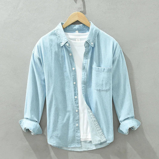 Men's Autumn Long Sleeve Patchwork Shirt - Cotton Turn-down Collar Blue Shirt