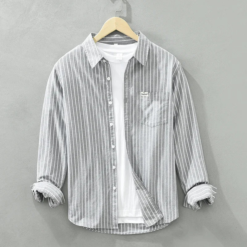 Men's Green Striped Cotton Long Sleeve Shirt - Loose Fit Oxford Shirt