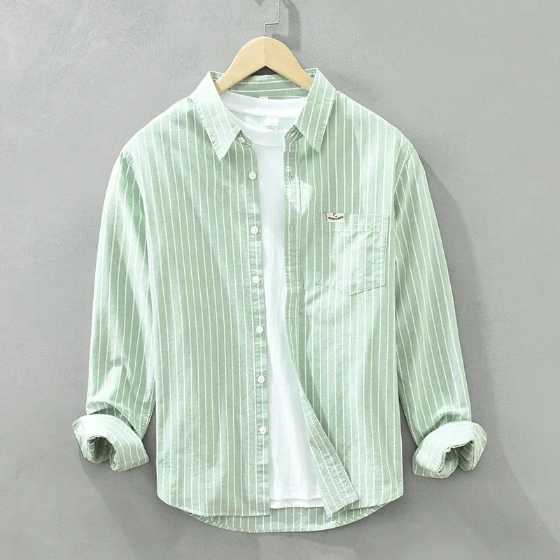 Men's Green Striped Cotton Long Sleeve Shirt - Loose Fit Oxford Shirt